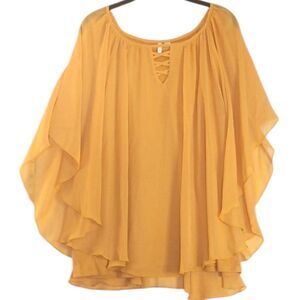 Vintage Golden Yellow Lattice Draped Chiffon Overlay Capelet Pullover Top 20 W